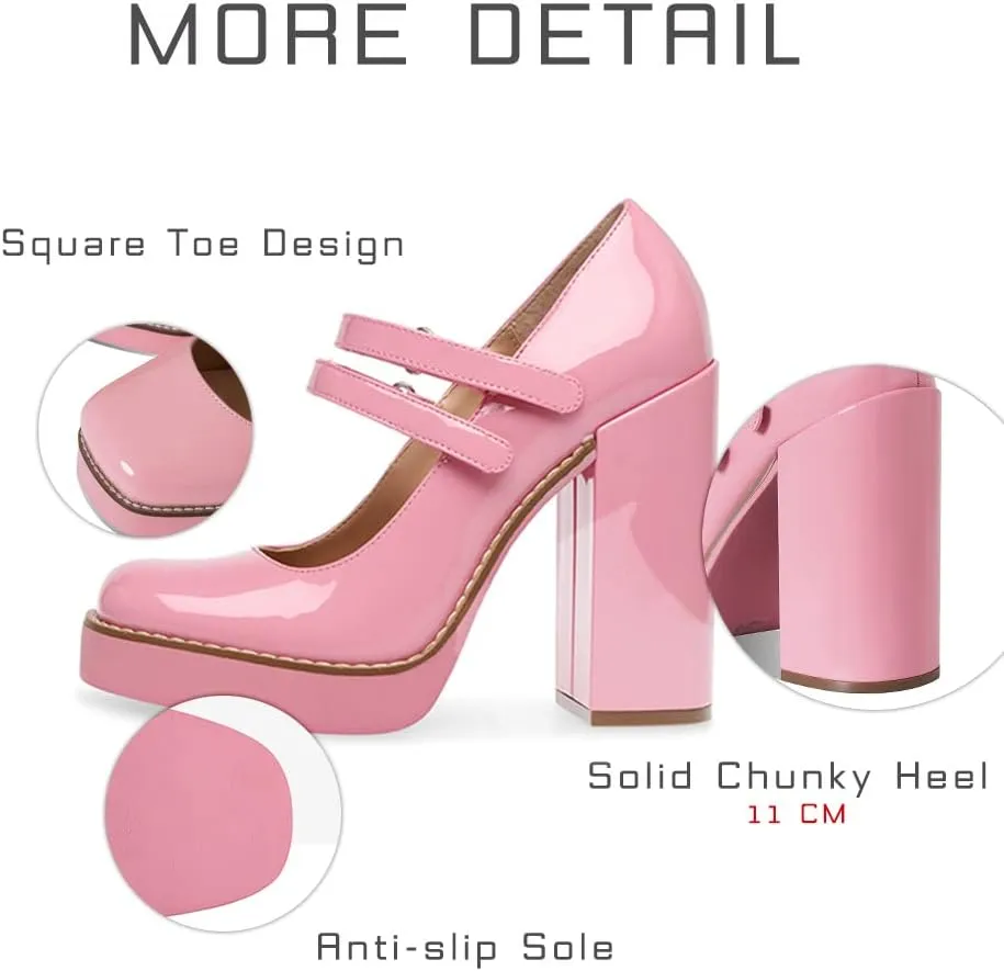 Ancomafio Women’s Mary Janes Square Toe Platform Heels Chunky Heeled Pumps Twice Loafer Ankle Strap Mary Janes Shoes