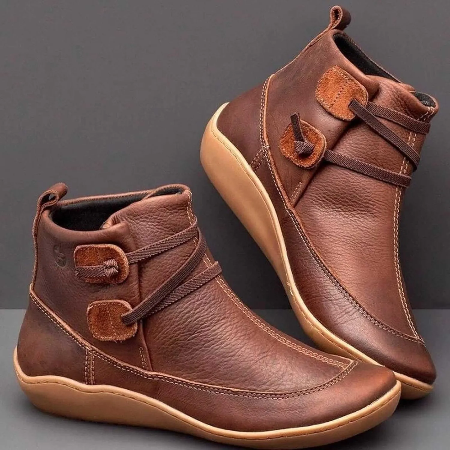 Ankle Boots for Women, No Heel, Arch Support, Fashion Side Zipper, Vintage Retro Slip On Flat Fall Boots
