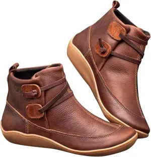 Ankle Boots for Women, No Heel, Arch Support, Fashion Side Zipper, Vintage Retro Slip On Flat Fall Boots