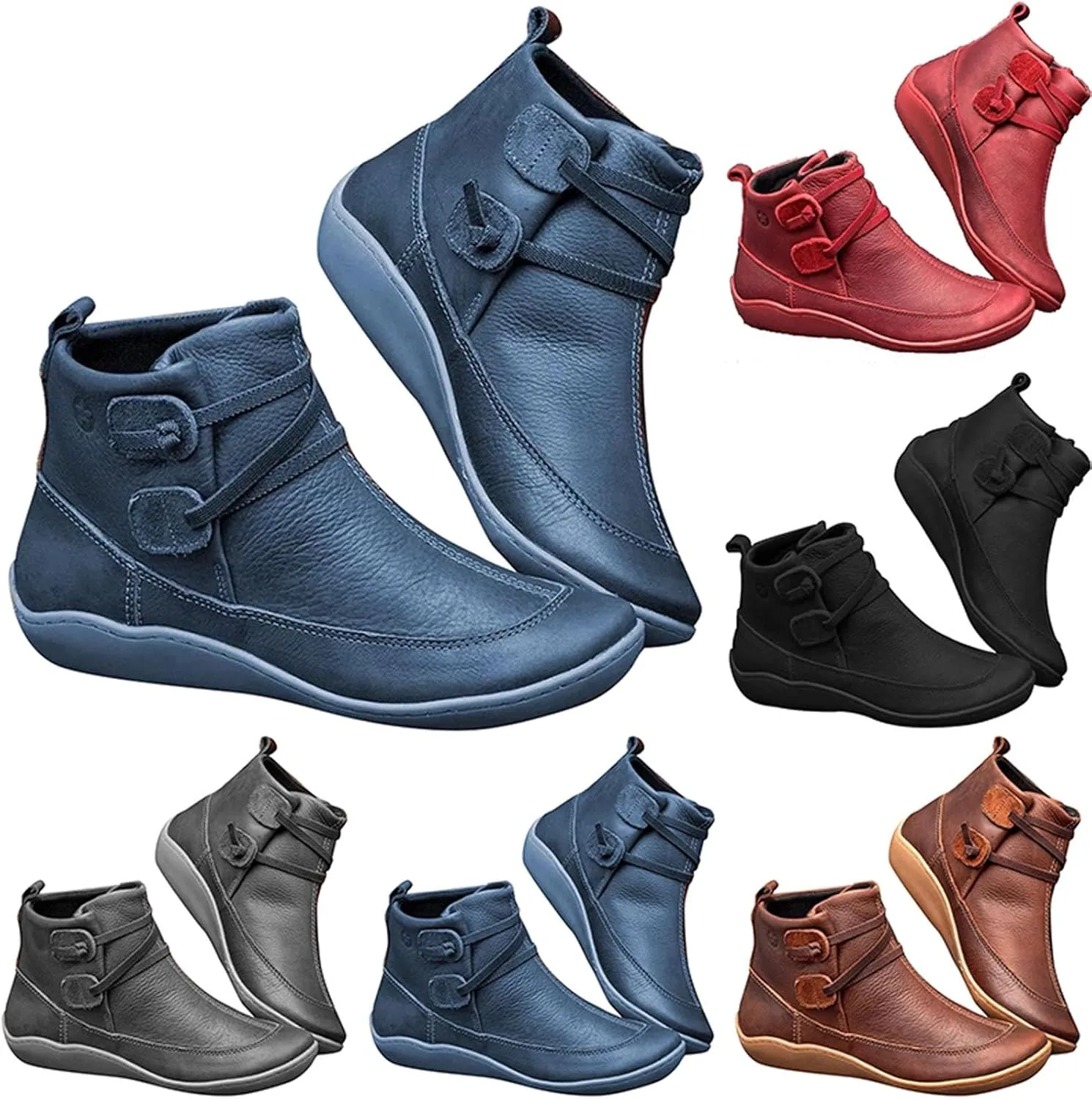 Ankle Boots for Women, No Heel, Arch Support, Fashion Side Zipper, Vintage Retro Slip On Flat Fall Boots