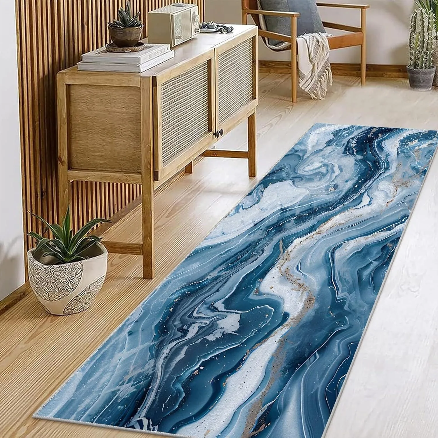 Area Rug 1.6×4.6ft Modern Style Washable Rugs for Living Room Bedroom, Abstract Blue Marble Printed Throw Rug, Hallway Runner Rug, Non-Slip Floor Carpet for Bathroom Porch Entrance Office