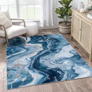 Area Rug 1.6×4.6ft Modern Style Washable Rugs for Living Room Bedroom, Abstract Blue Marble Printed Throw Rug, Hallway Runner Rug, Non-Slip Floor Carpet for Bathroom Porch Entrance Office