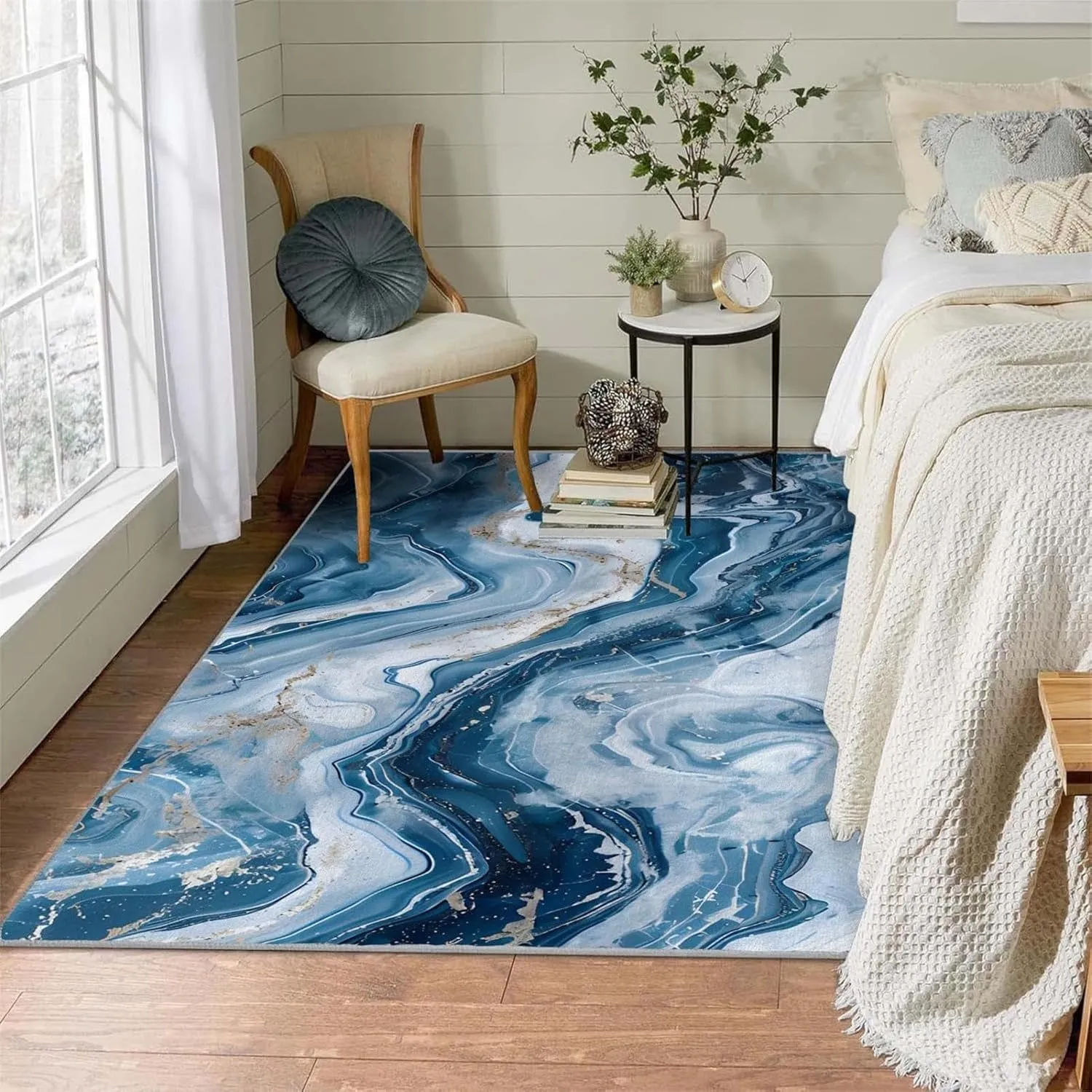 Area Rug 1.6×4.6ft Modern Style Washable Rugs for Living Room Bedroom, Abstract Blue Marble Printed Throw Rug, Hallway Runner Rug, Non-Slip Floor Carpet for Bathroom Porch Entrance Office