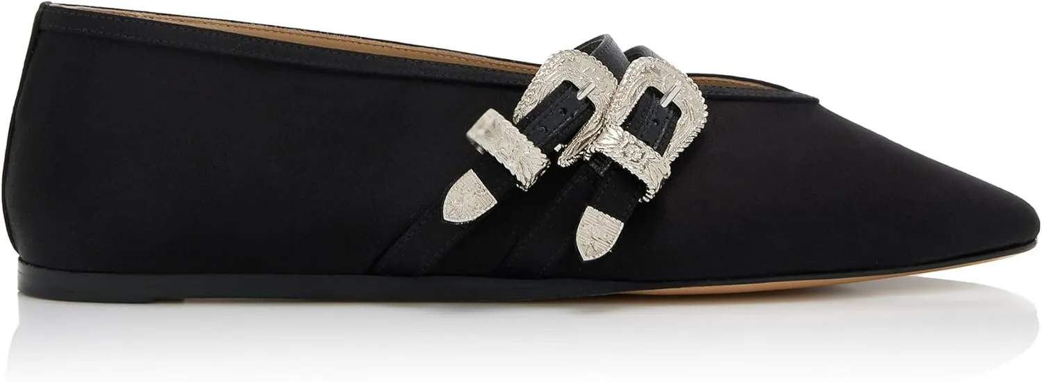 Arqa Women's Ballet Flats with Two Western Buckles Cushioned Leather Insole & Piping Dressy Comfortable Work Office Flats Wedding Ballerina Shoes