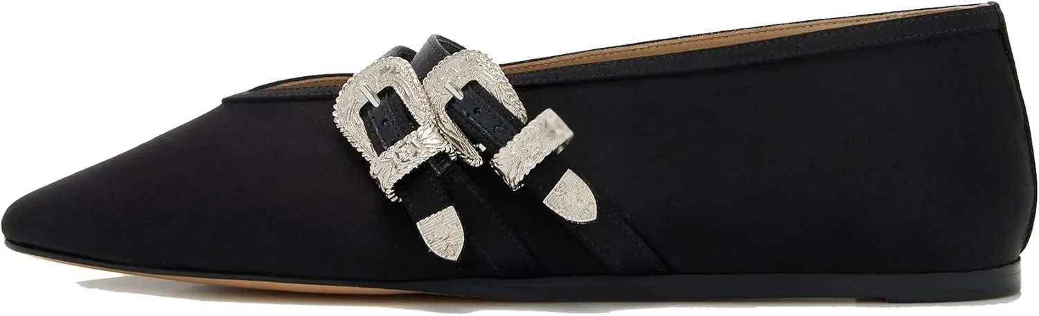 Arqa Women's Ballet Flats with Two Western Buckles Cushioned Leather Insole & Piping Dressy Comfortable Work Office Flats Wedding Ballerina Shoes