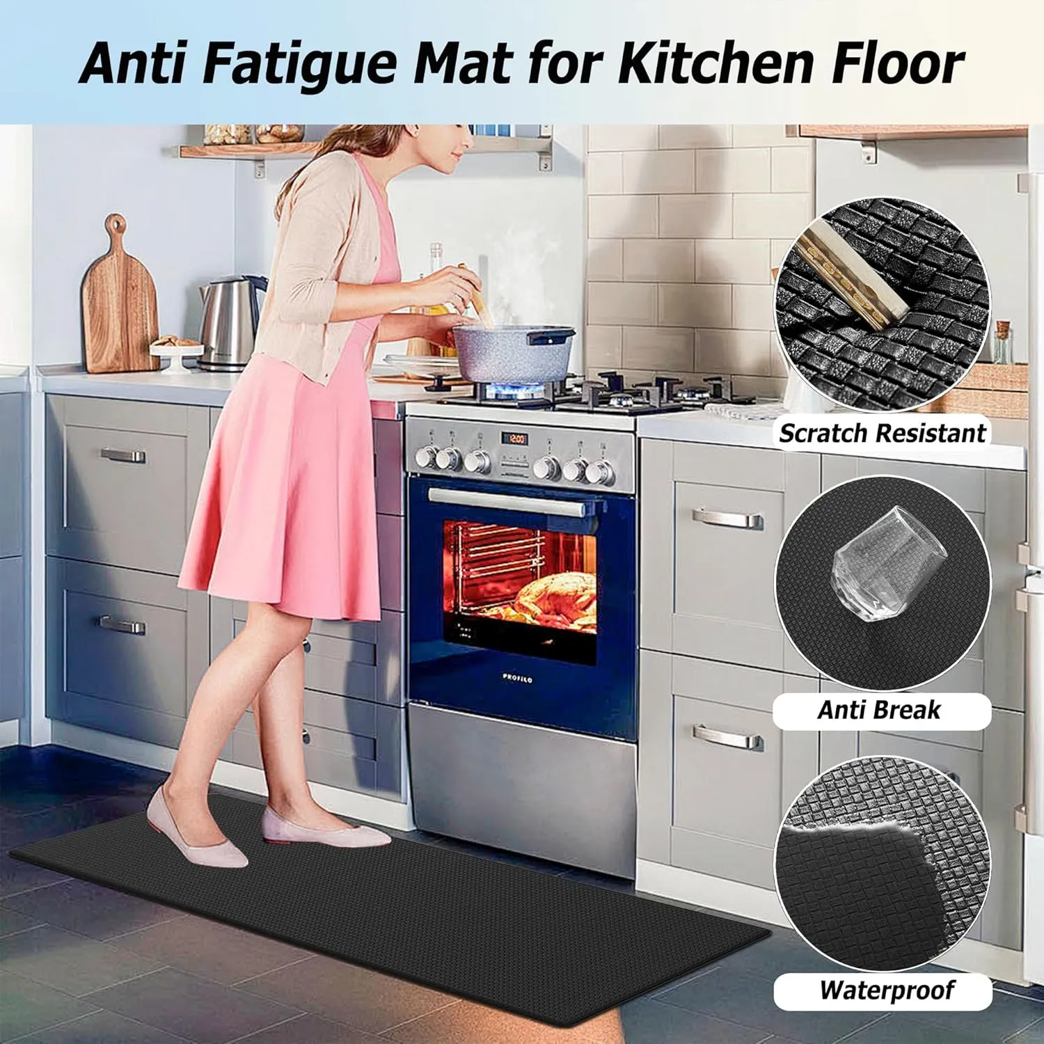 Artnice Kitchen Mats for Floor, Kitchen Rugs Set of 2, 0.47 Inch Anti Fatigue Mat, Waterproof Standing Desk Comfort Mat for Home, Office, Sink, Laundry, 17.3"×30" 17.3"×47", Black