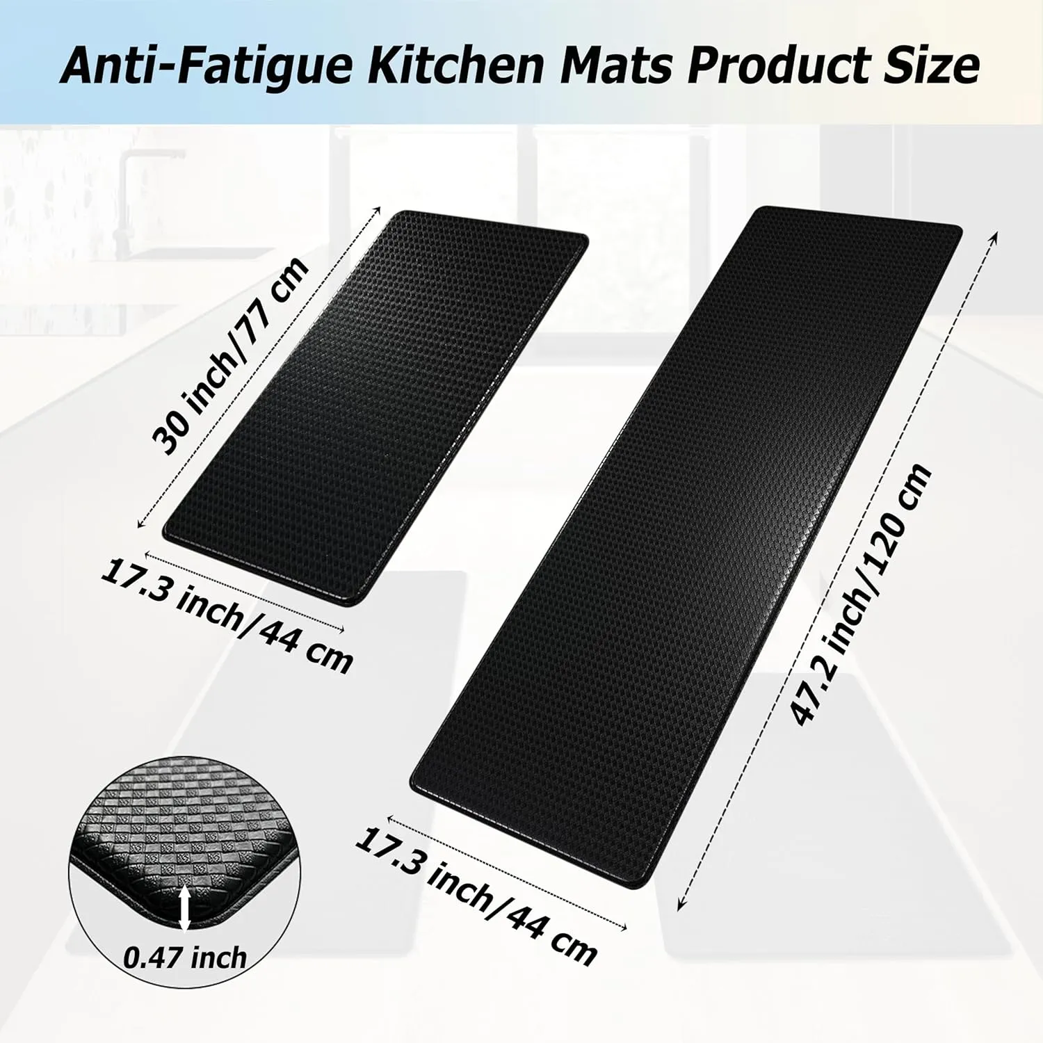 Artnice Kitchen Mats for Floor, Kitchen Rugs Set of 2, 0.47 Inch Anti Fatigue Mat, Waterproof Standing Desk Comfort Mat for Home, Office, Sink, Laundry, 17.3"×30" 17.3"×47", Black