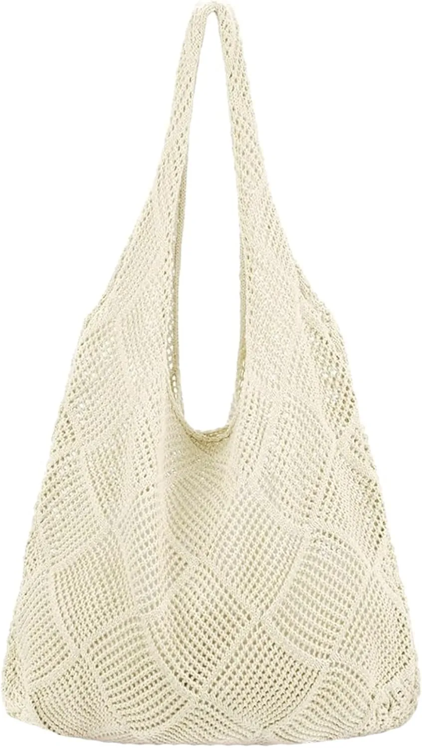 AUONY Crochet Bags, Crochet Mesh Beach Tote Bag Knitting Hollow Summer Hobo Bag Beach Shoulder Bag Handbags for Women Girls