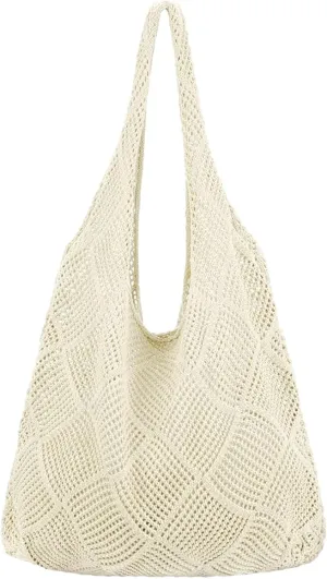 AUONY Crochet Bags, Crochet Mesh Beach Tote Bag Knitting Hollow Summer Hobo Bag Beach Shoulder Bag Handbags for Women Girls