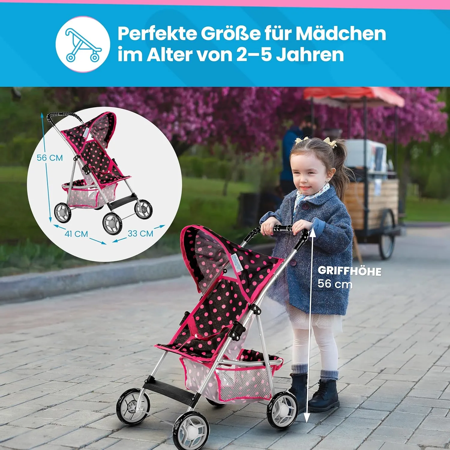 Baby Doll Stroller | Pram for Girls | Umbrella Stroller for Kids - Lightweight Play Carriage for Toddler Ages 2  Years | Baby Doll Accessories with Storage | 22.05-Inch Handle Height, Model KP0280G