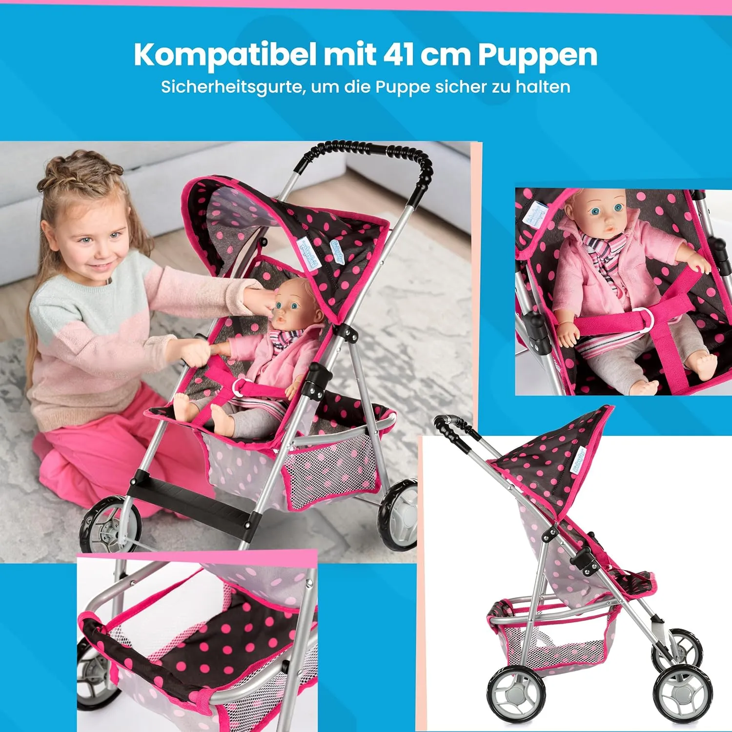 Baby Doll Stroller | Pram for Girls | Umbrella Stroller for Kids - Lightweight Play Carriage for Toddler Ages 2  Years | Baby Doll Accessories with Storage | 22.05-Inch Handle Height, Model KP0280G