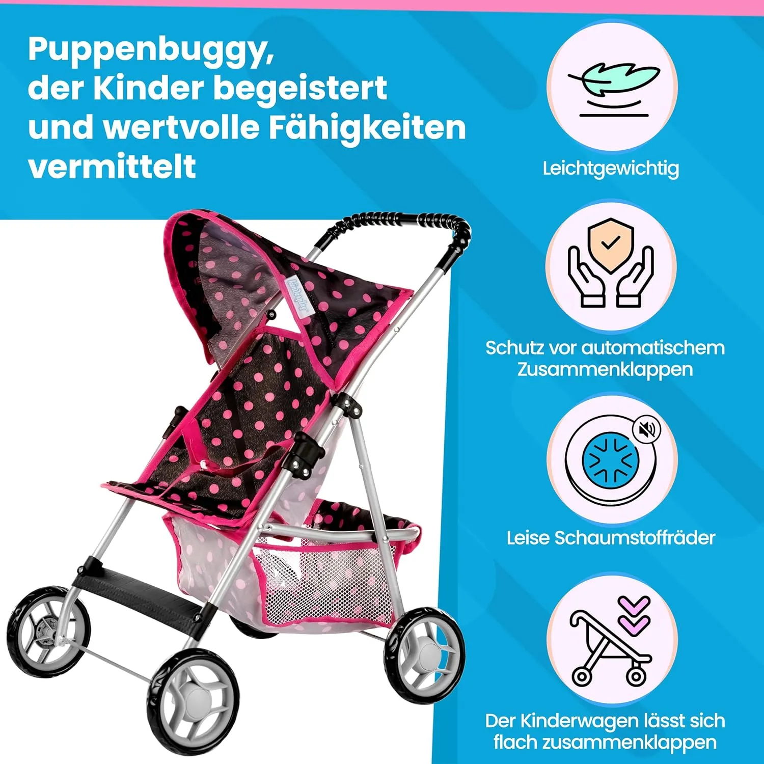 Baby Doll Stroller | Pram for Girls | Umbrella Stroller for Kids - Lightweight Play Carriage for Toddler Ages 2  Years | Baby Doll Accessories with Storage | 22.05-Inch Handle Height, Model KP0280G