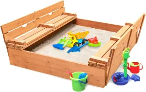 Badger Basket Cedar Sandbox with Lid & Benches - Outdoor Wooden Sandbox for Kids with Folding Cover - Large Backyard Playset (46.5 x 46.5 x 9.5)