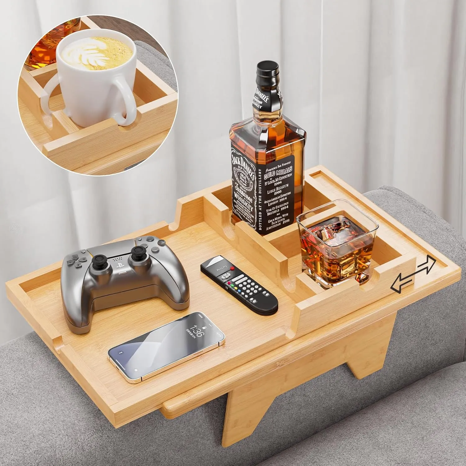 Bamboo Couch Cup Holder Tray - 2 in 1 Couch Armrest Table with Be Slide-Away Detachable Double Cup Holder - Foldable Sofa Armchair Caddy Tray for Drinking Snacks iPad TV Remote