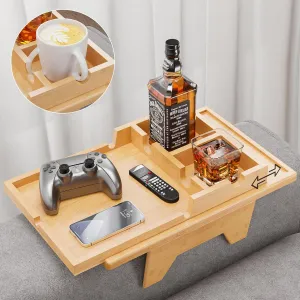 Bamboo Couch Cup Holder Tray - 2 in 1 Couch Armrest Table with Be Slide-Away Detachable Double Cup Holder - Foldable Sofa Armchair Caddy Tray for Drinking Snacks iPad TV Remote