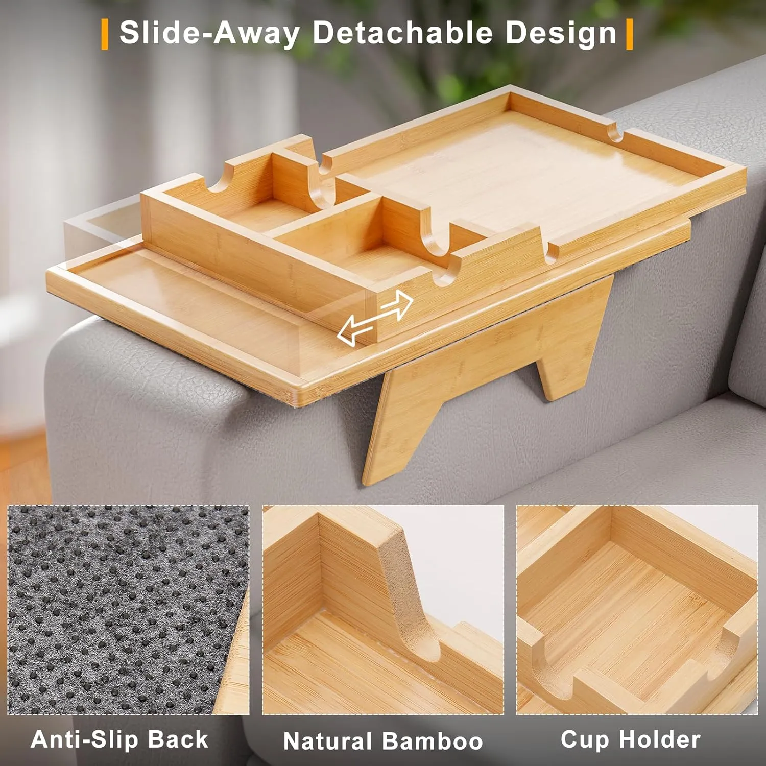 Bamboo Couch Cup Holder Tray - 2 in 1 Couch Armrest Table with Be Slide-Away Detachable Double Cup Holder - Foldable Sofa Armchair Caddy Tray for Drinking Snacks iPad TV Remote