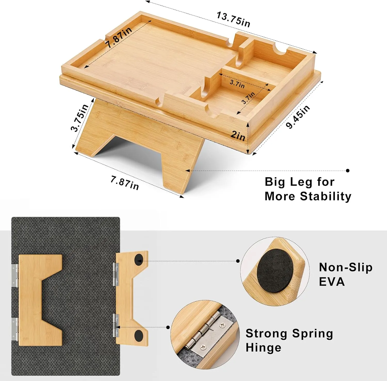 Bamboo Couch Cup Holder Tray - 2 in 1 Couch Armrest Table with Be Slide-Away Detachable Double Cup Holder - Foldable Sofa Armchair Caddy Tray for Drinking Snacks iPad TV Remote