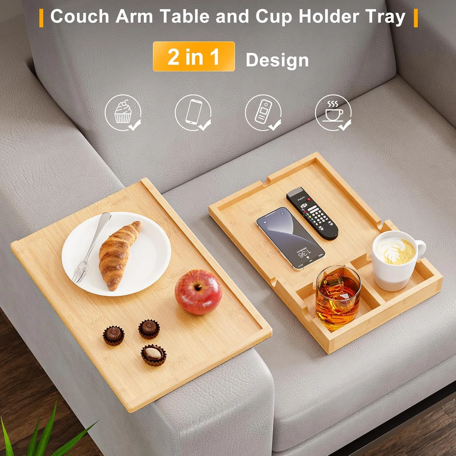 Bamboo Couch Cup Holder Tray - 2 in 1 Couch Armrest Table with Be Slide-Away Detachable Double Cup Holder - Foldable Sofa Armchair Caddy Tray for Drinking Snacks iPad TV Remote