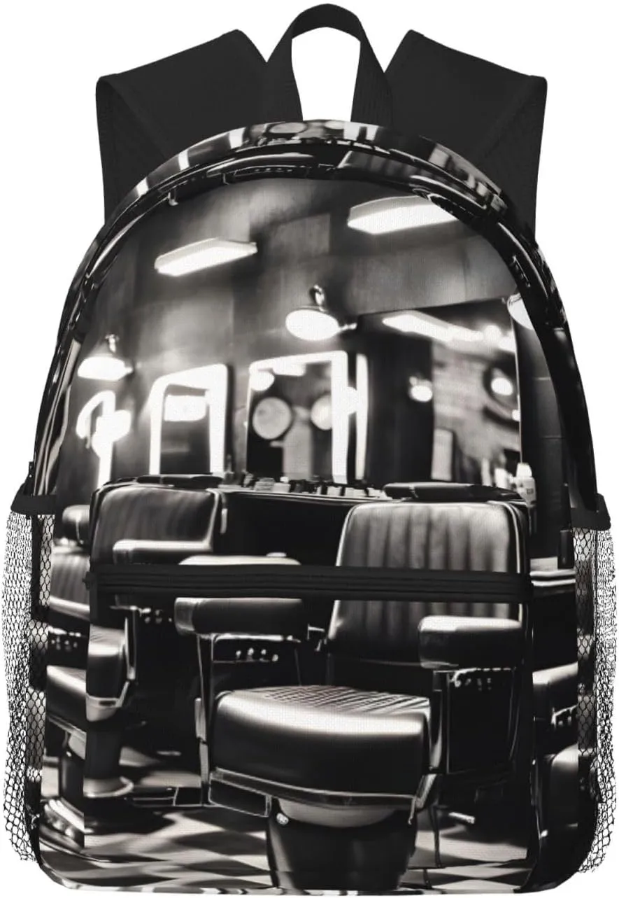 Barber Shop Monochrome Style College Backpack For Women Men,Lightweight Travel Bag Backpack With Pockets