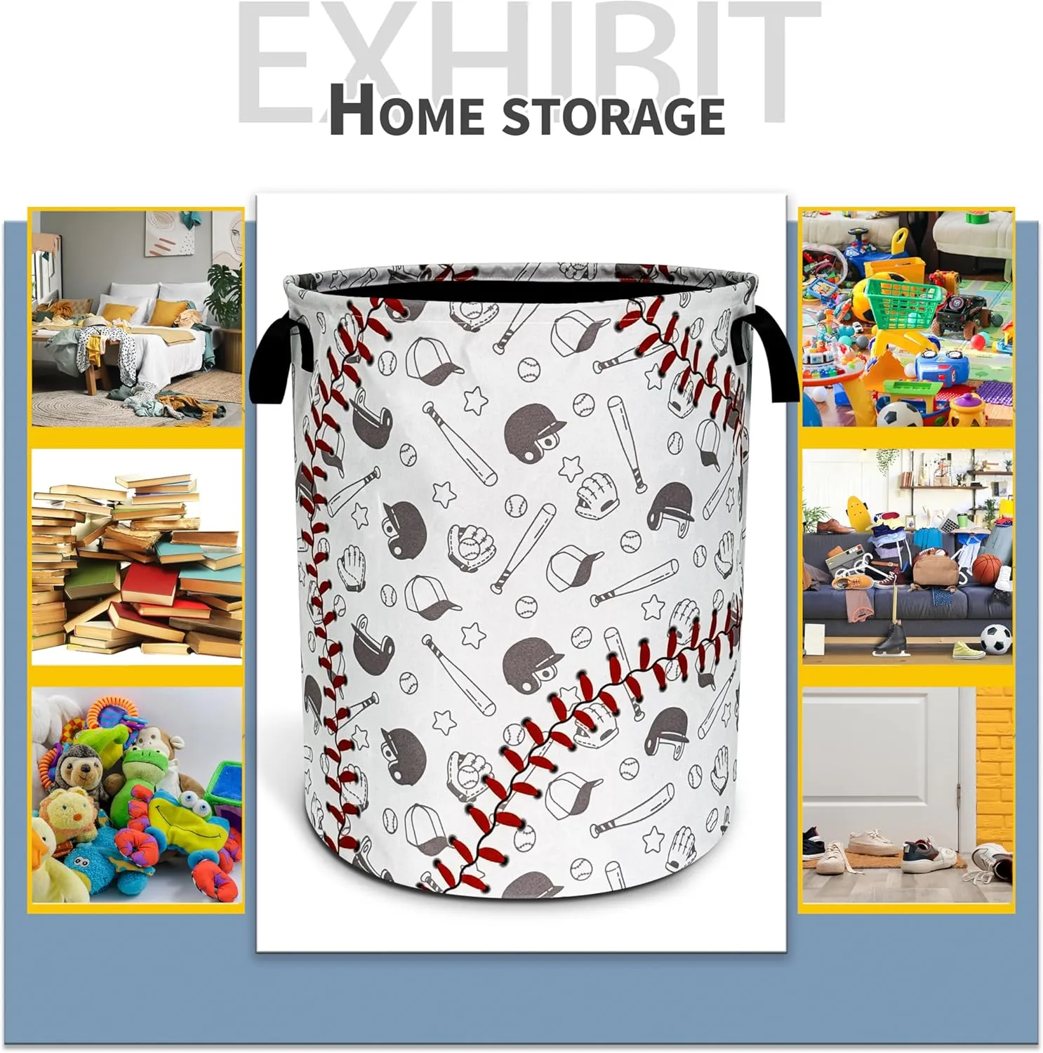 Baseball Laundry Basket Texture Pattern Foldable Oxford Cloth Funny Tote Bag Laundry Hamper Clothes Storage Bucket Organizer For Bathroom/Laundry Storage/Bedroom 18.9x16.5 Inch