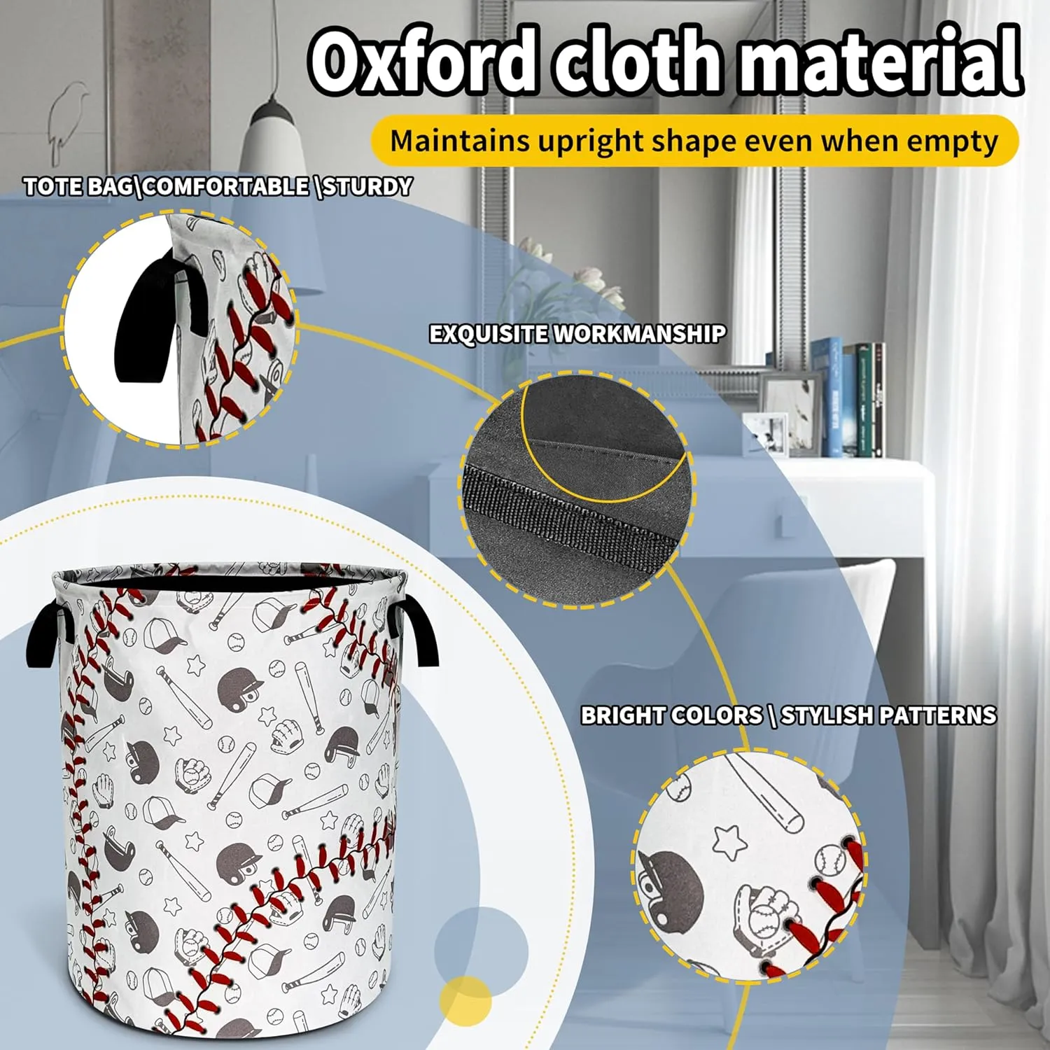 Baseball Laundry Basket Texture Pattern Foldable Oxford Cloth Funny Tote Bag Laundry Hamper Clothes Storage Bucket Organizer For Bathroom/Laundry Storage/Bedroom 18.9x16.5 Inch