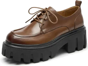 BEAU TODAY Platform Oxfords for Women, Oxford Shoes for Women, Chunky Leather Lace Up Oxford Shoes, Casual Comfort Business Work Office Dress Shoes