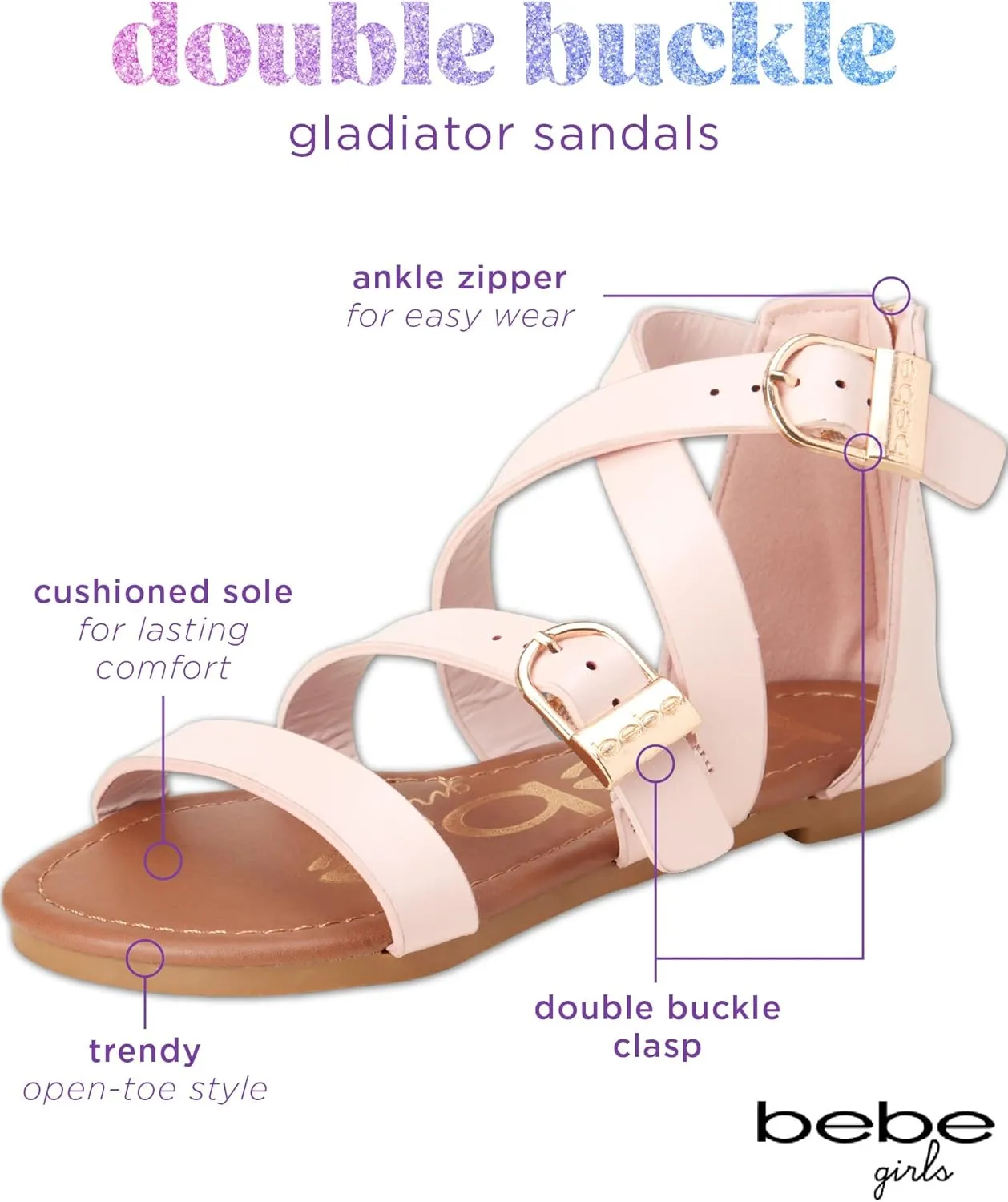 bebe Girls Sandals - Open Toe Summer Easter Strappy Flat Dress Gladiator Sandals with Cushioned Sole