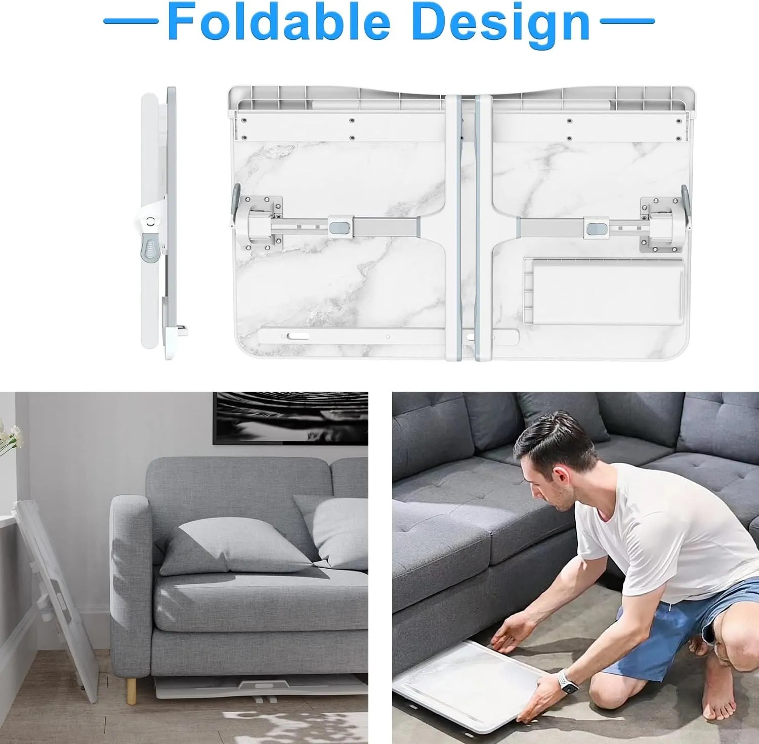 Bed Desk for Laptop - Marble Pattern, Adjustable X-Large Foldable Lap Desk, Laptop Lap Desk with 2 Movable Stoppers and Drawer for Bed Couch Floor Writing Eating Working (23.6 inch)