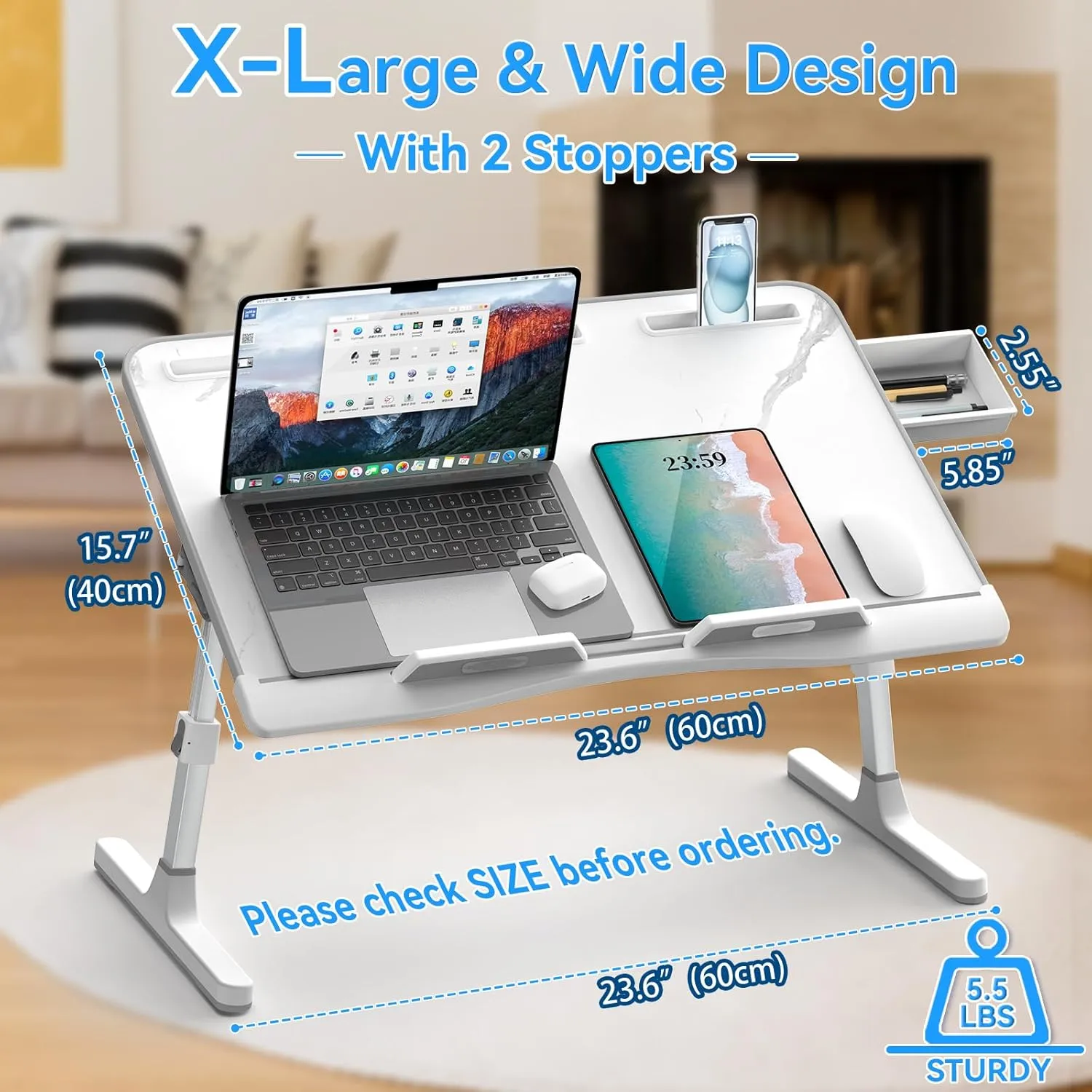 Bed Desk for Laptop - Marble Pattern, Adjustable X-Large Foldable Lap Desk, Laptop Lap Desk with 2 Movable Stoppers and Drawer for Bed Couch Floor Writing Eating Working (23.6 inch)