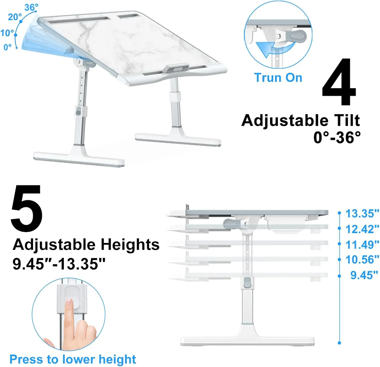 Bed Desk for Laptop - Marble Pattern, Adjustable X-Large Foldable Lap Desk, Laptop Lap Desk with 2 Movable Stoppers and Drawer for Bed Couch Floor Writing Eating Working (23.6 inch)