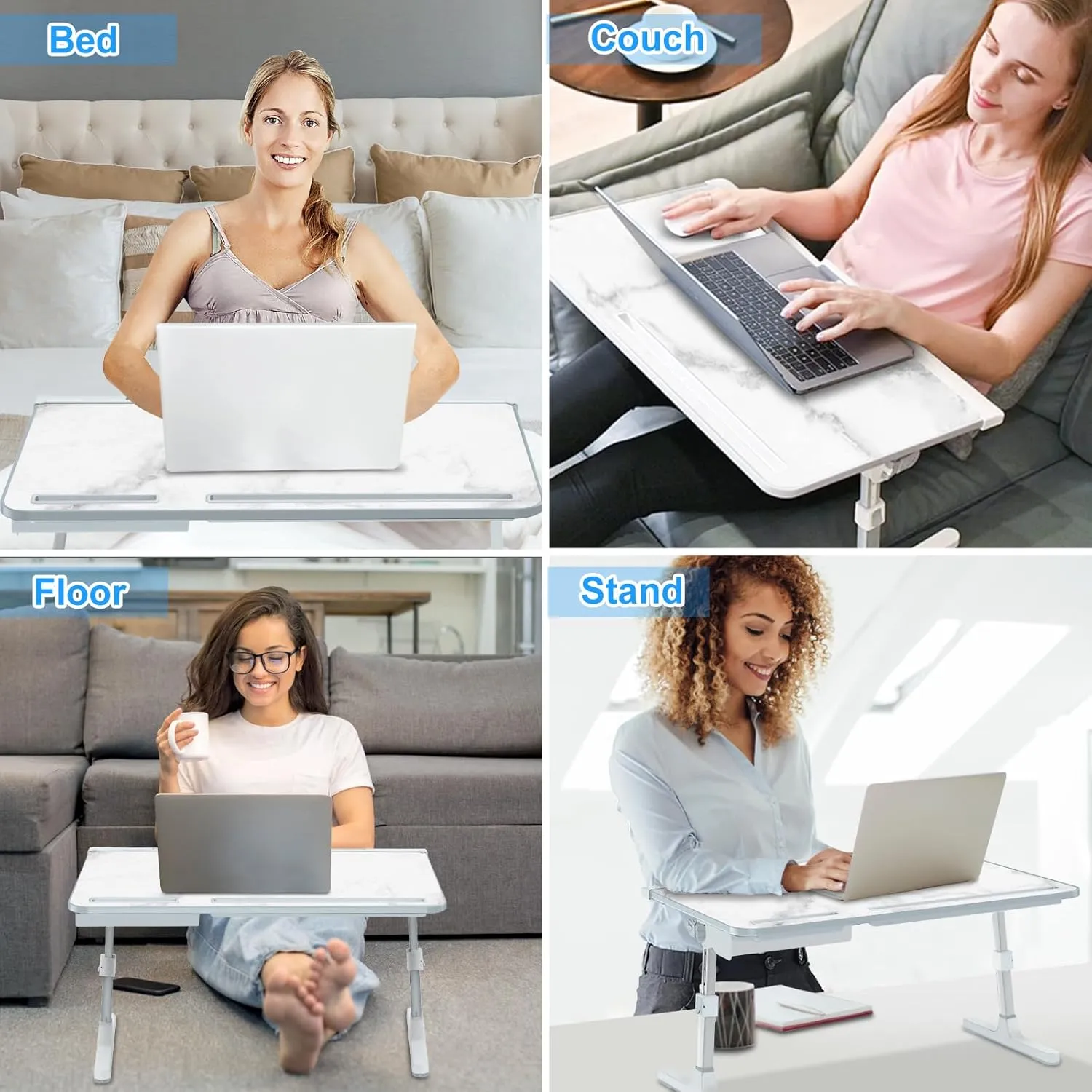 Bed Desk for Laptop - Marble Pattern, Adjustable X-Large Foldable Lap Desk, Laptop Lap Desk with 2 Movable Stoppers and Drawer for Bed Couch Floor Writing Eating Working (23.6 inch)