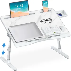 Bed Desk for Laptop - Marble Pattern, Adjustable X-Large Foldable Lap Desk, Laptop Lap Desk with 2 Movable Stoppers and Drawer for Bed Couch Floor Writing Eating Working (23.6 inch)