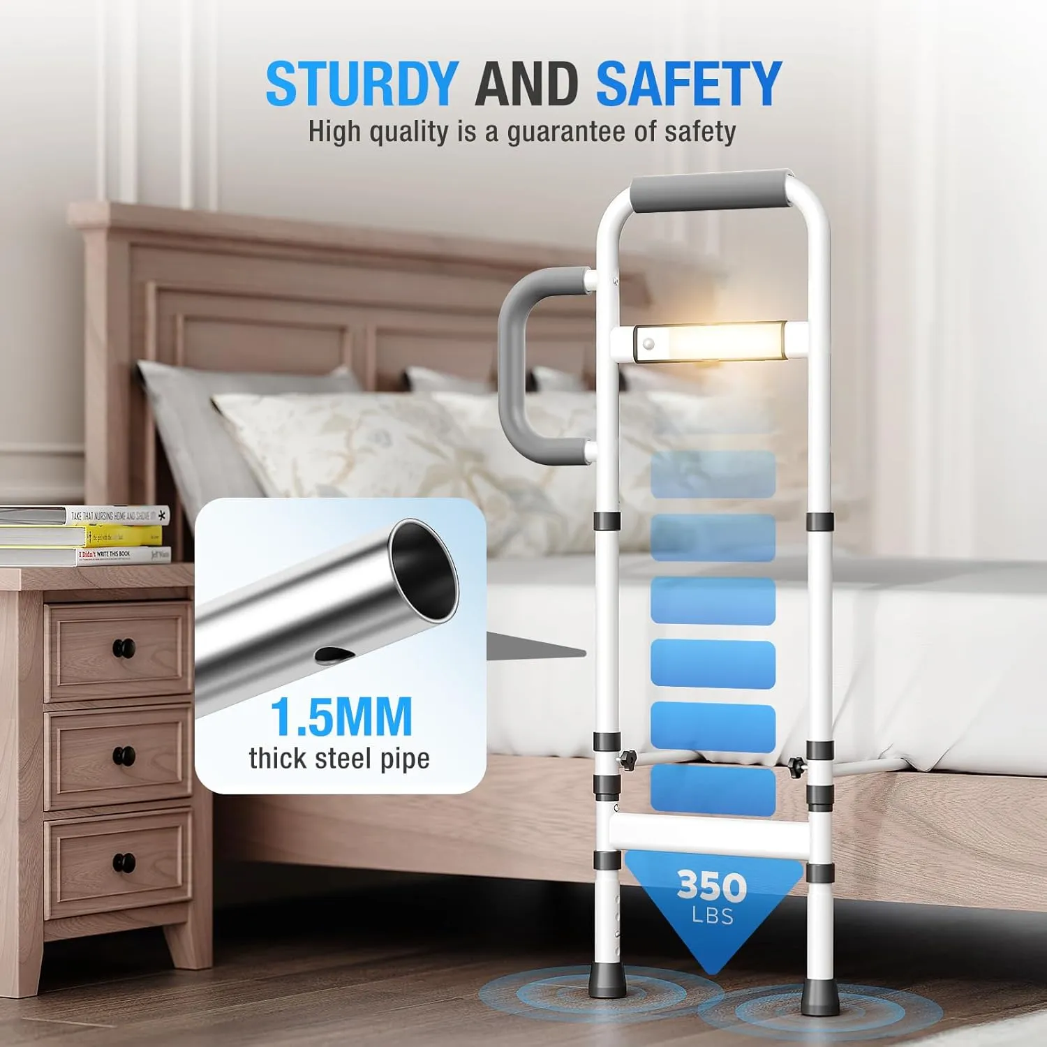 Bed Rails for Elderly Adults Safety - Extendable Height Adjustable Bed Side Rails with Non-Slip Bedside Handle & Motion Sensor Light Up to 350 Lbs for King Queen Full Twin Bed Grey