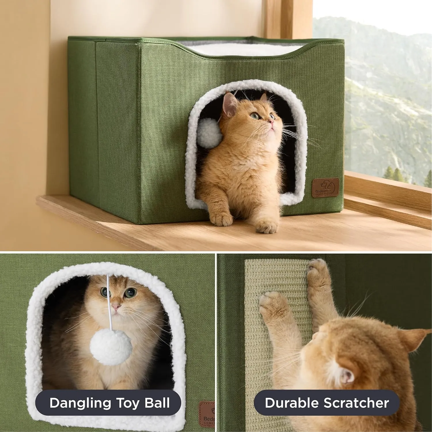 Bedsure Cat Beds for Indoor Cats - Large Cat Cave for Pet Cat House with Fluffy Ball Hanging and Scratch Pad, Foldable Cat Hideaway, 16.5x16.5x13 inches, Dark Green