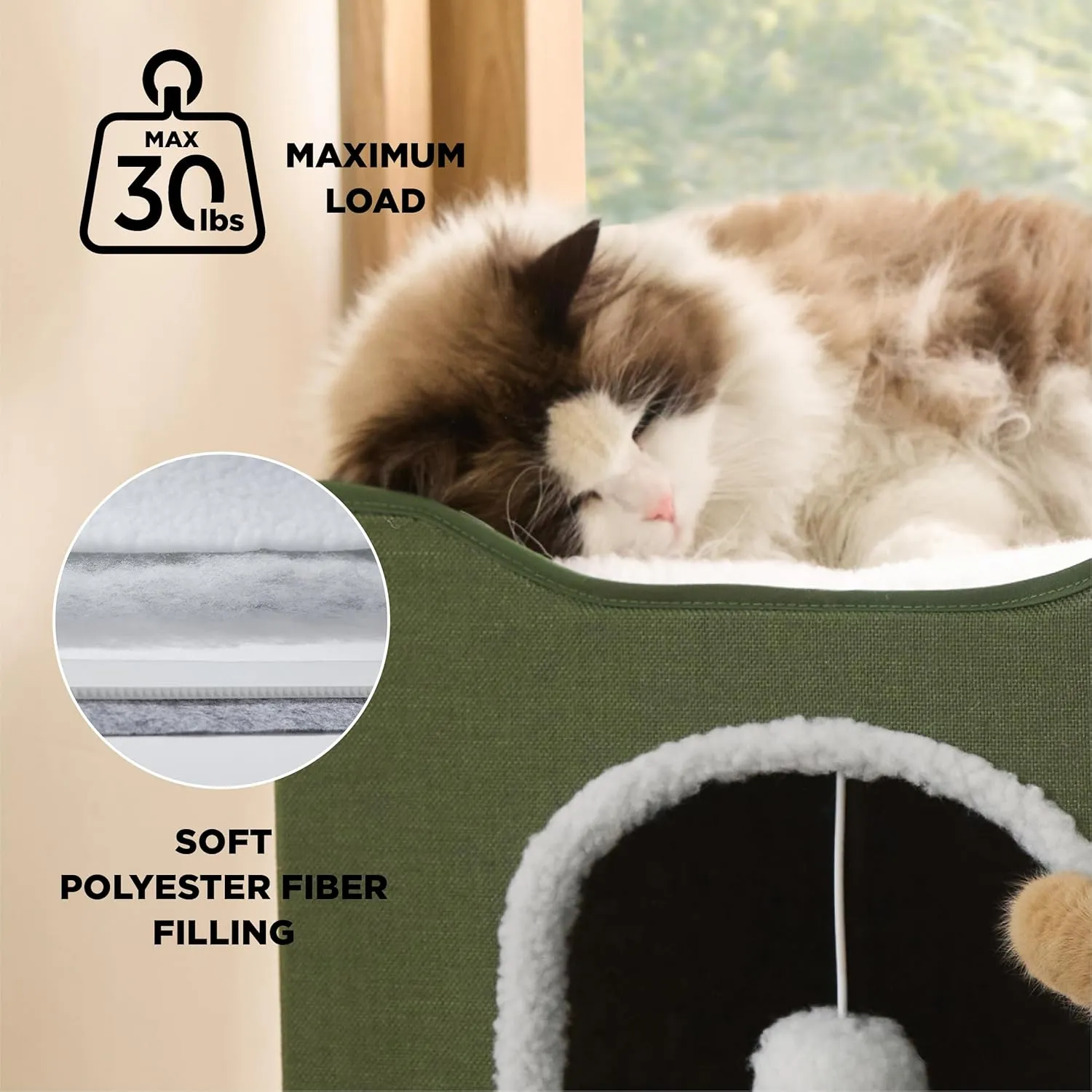 Bedsure Cat Beds for Indoor Cats - Large Cat Cave for Pet Cat House with Fluffy Ball Hanging and Scratch Pad, Foldable Cat Hideaway, 16.5x16.5x13 inches, Dark Green