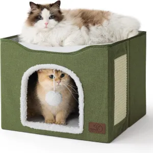 Bedsure Cat Beds for Indoor Cats - Large Cat Cave for Pet Cat House with Fluffy Ball Hanging and Scratch Pad, Foldable Cat Hideaway, 16.5x16.5x13 inches, Dark Green