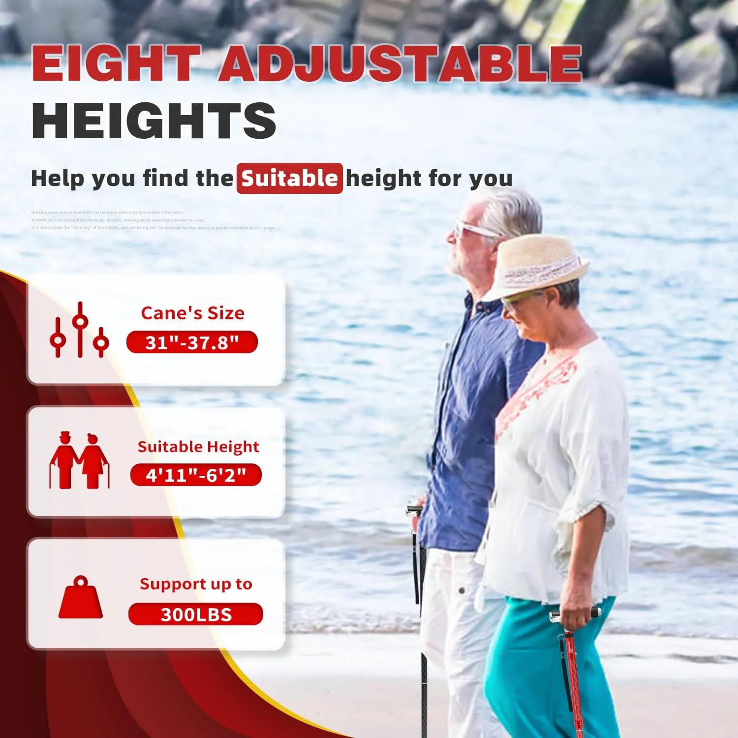 BeneCane Walking Cane for Women Folding Cane for Men with Two Led Lights Quad Cane with Stable Base Lightweight and Adjustable Walking Stick