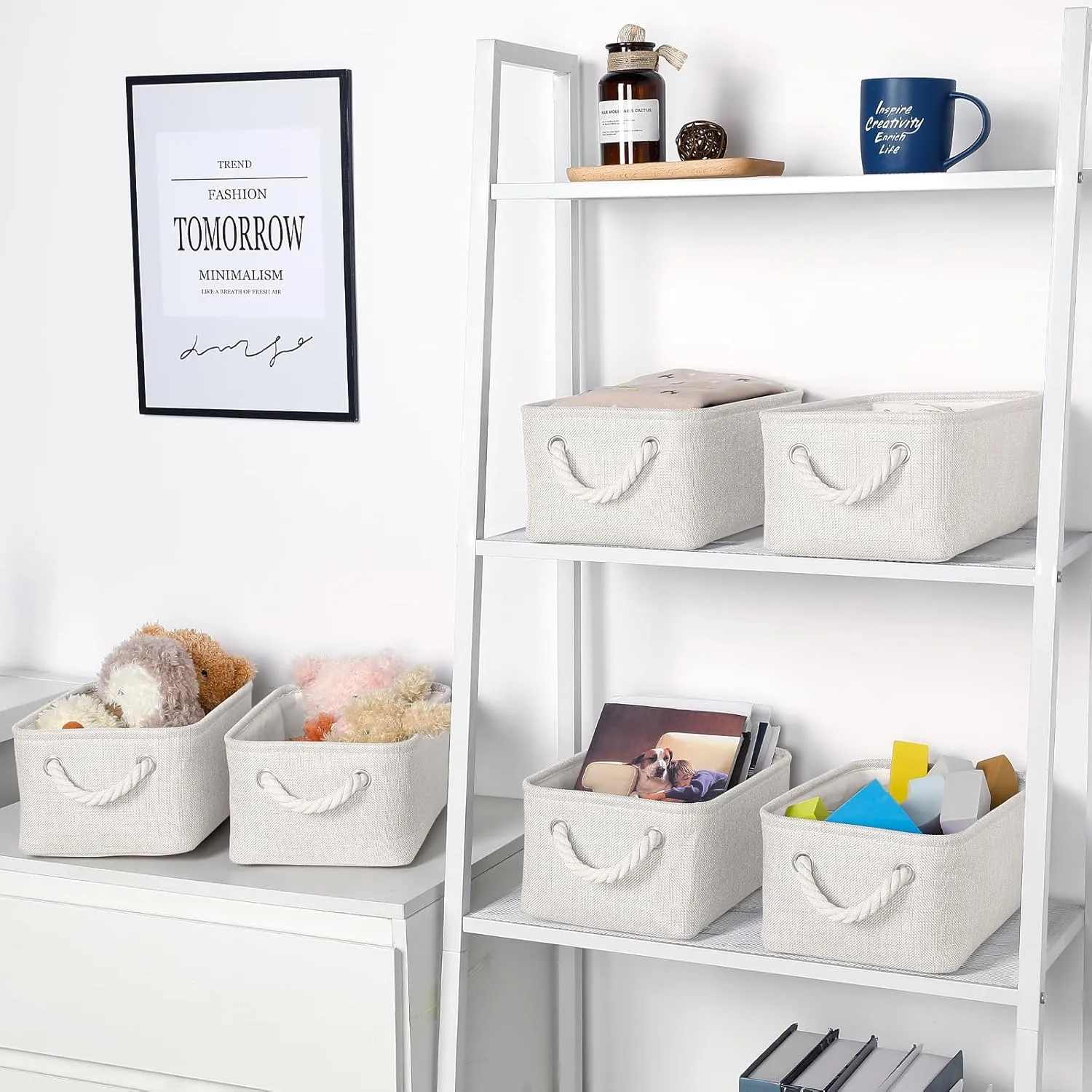 Bidtakay Small Storage Baskets for Shelves Set of 6 Biege Fabric Storage Bins for Organizing Linen Collapsible Organizer for Closet Nursery Clothes Toys 11.8 X 7.8 X 5 Inches
