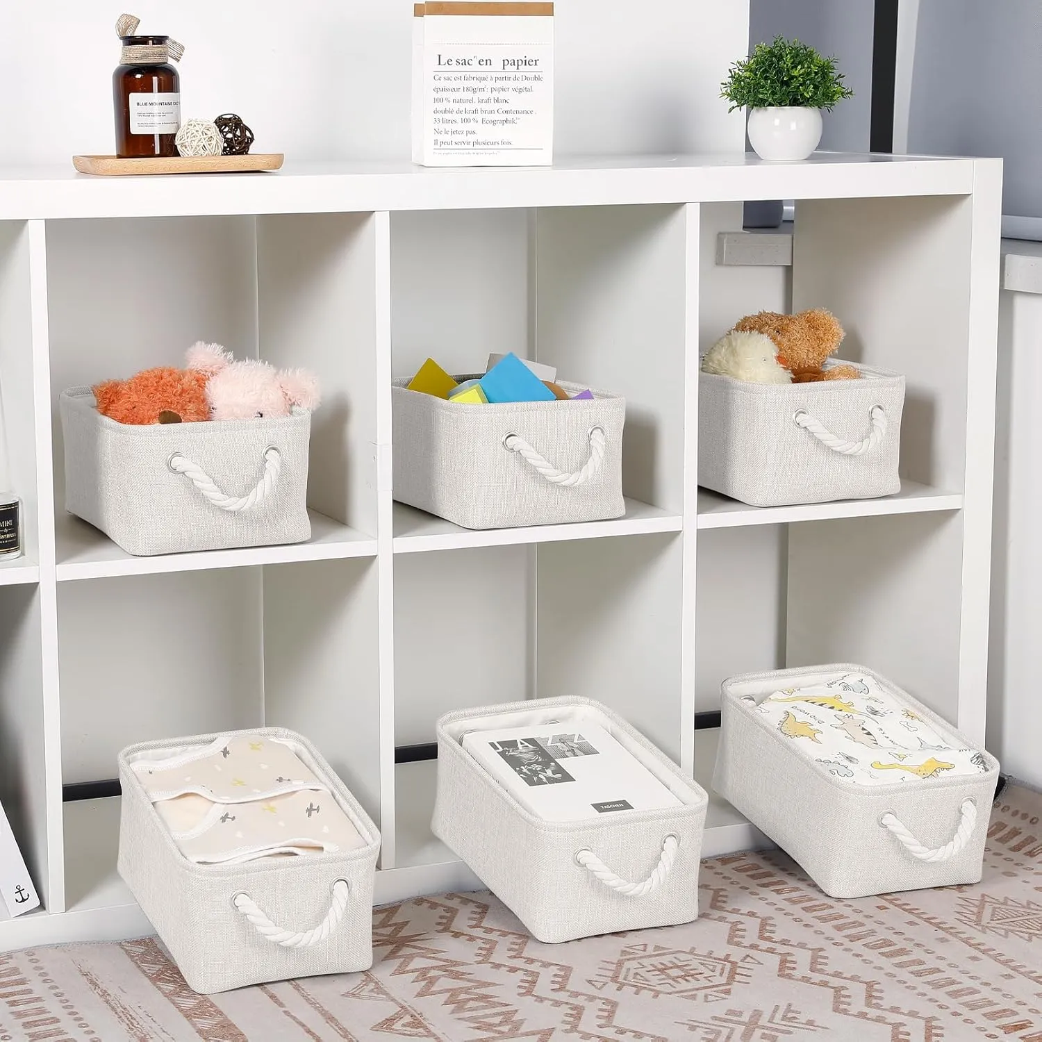 Bidtakay Small Storage Baskets for Shelves Set of 6 Biege Fabric Storage Bins for Organizing Linen Collapsible Organizer for Closet Nursery Clothes Toys 11.8 X 7.8 X 5 Inches