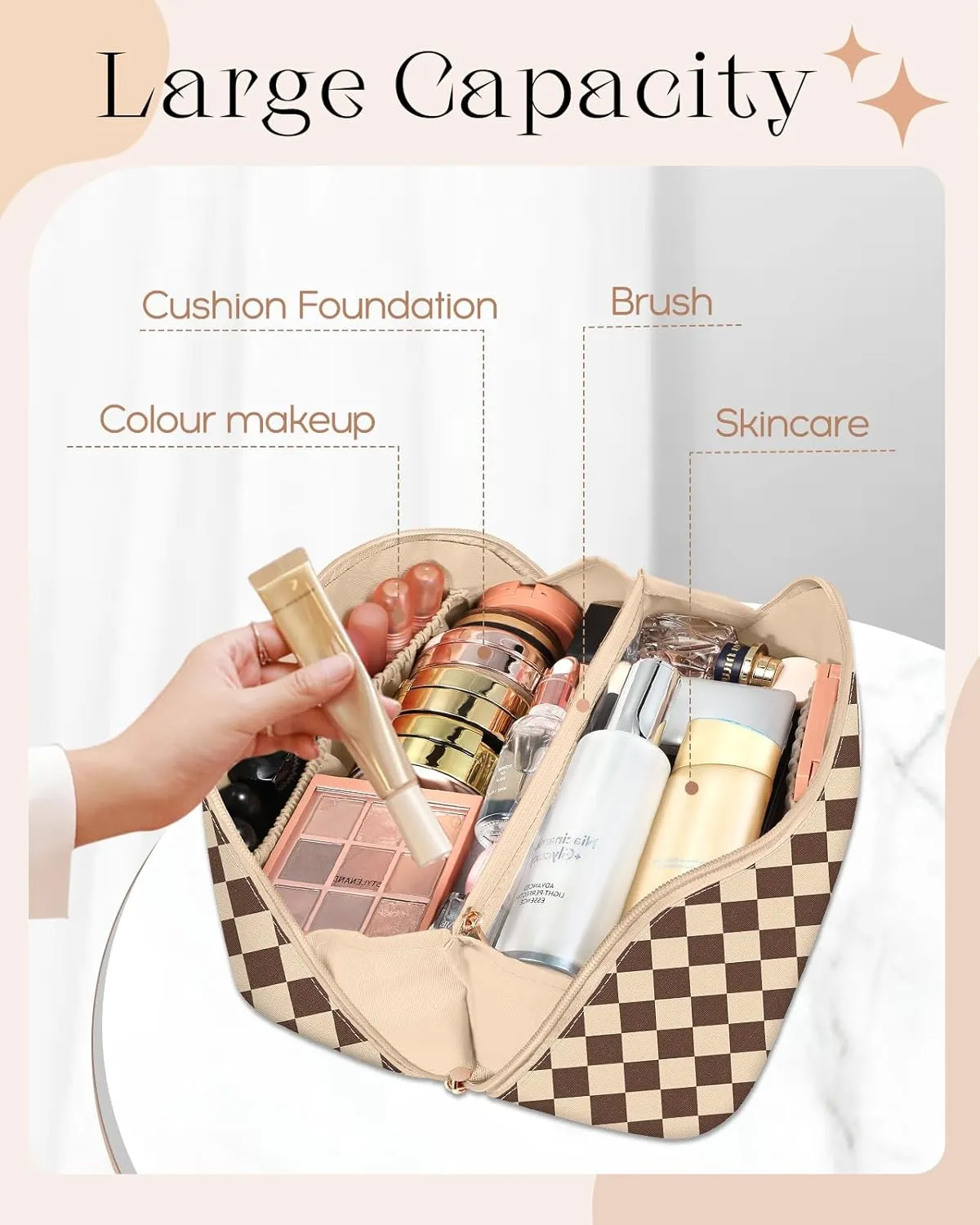 Bistup Makeup Bag Travel Cosmetic Bag Toiletry Make Up Bags Cute Women Large Capacity Big Medium Leather Checkered Plaid Brown Aesthetic Girl Teen Teenage Foldable Expandable Open Flat Zip