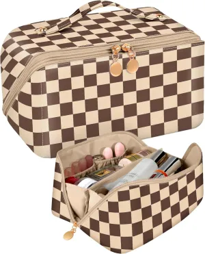 Bistup Makeup Bag Travel Cosmetic Bag Toiletry Make Up Bags Cute Women Large Capacity Big Medium Leather Checkered Plaid Brown Aesthetic Girl Teen Teenage Foldable Expandable Open Flat Zip