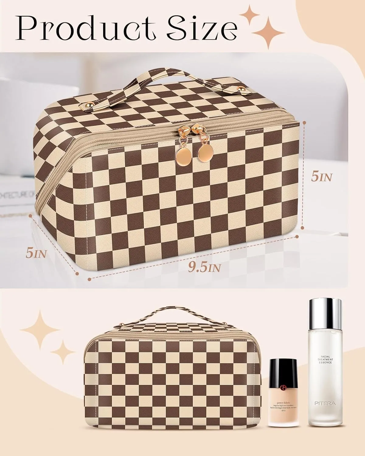 Bistup Makeup Bag Travel Cosmetic Bag Toiletry Make Up Bags Cute Women Large Capacity Big Medium Leather Checkered Plaid Brown Aesthetic Girl Teen Teenage Foldable Expandable Open Flat Zip