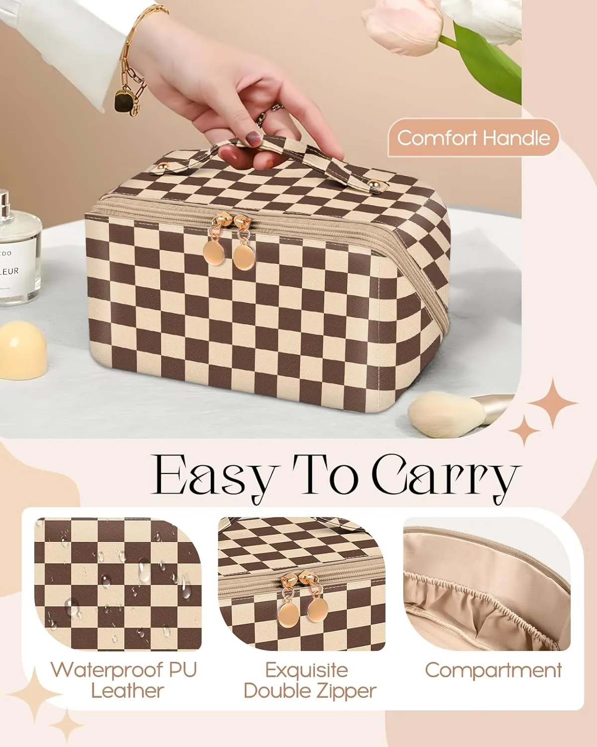 Bistup Makeup Bag Travel Cosmetic Bag Toiletry Make Up Bags Cute Women Large Capacity Big Medium Leather Checkered Plaid Brown Aesthetic Girl Teen Teenage Foldable Expandable Open Flat Zip