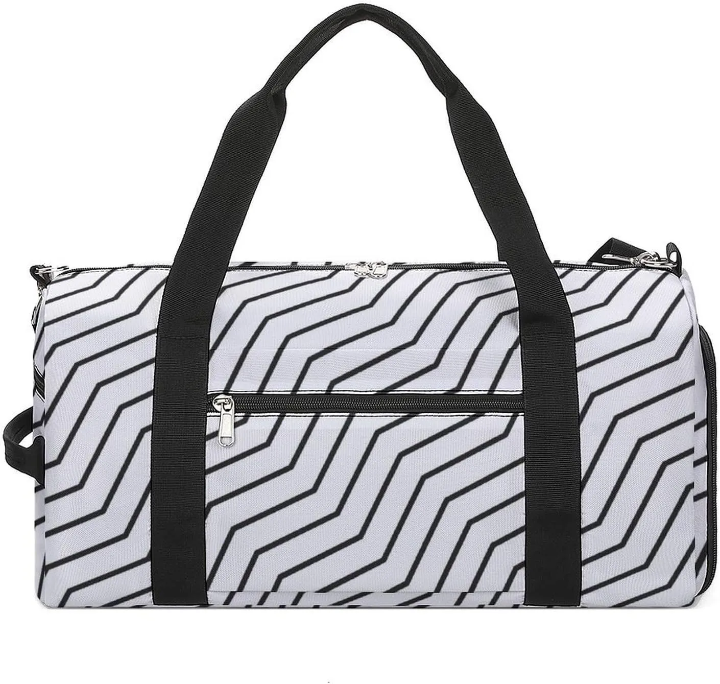 Black And White Waves Zigzag Lined Fitness Large Gym Bag for Unisex with Shoe Compartment & Wet Pocket