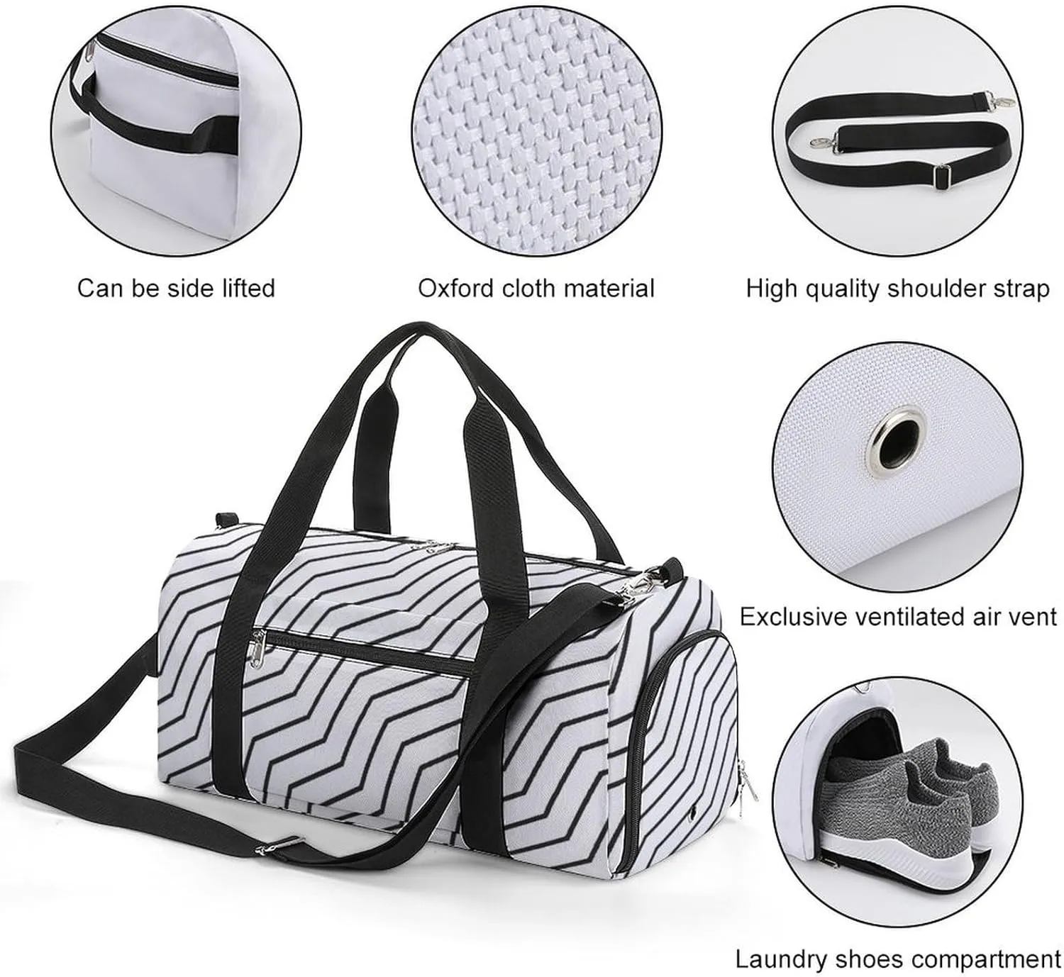 Black And White Waves Zigzag Lined Fitness Large Gym Bag for Unisex with Shoe Compartment & Wet Pocket