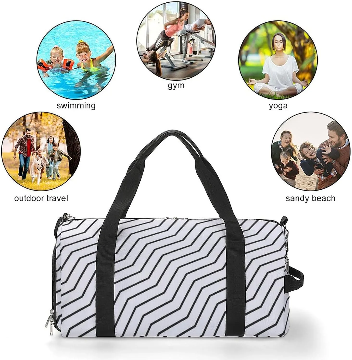 Black And White Waves Zigzag Lined Fitness Large Gym Bag for Unisex with Shoe Compartment & Wet Pocket
