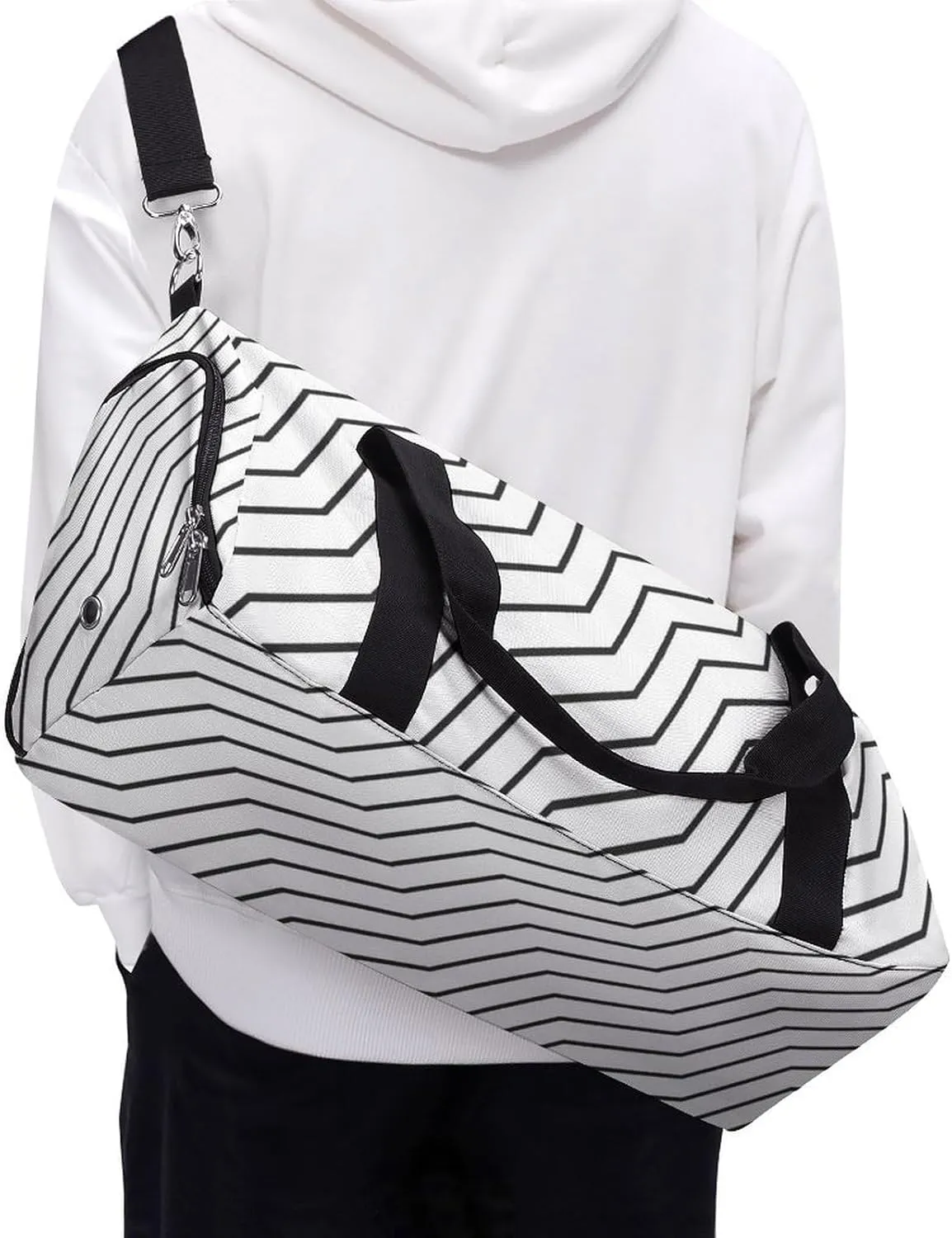 Black And White Waves Zigzag Lined Fitness Large Gym Bag for Unisex with Shoe Compartment & Wet Pocket