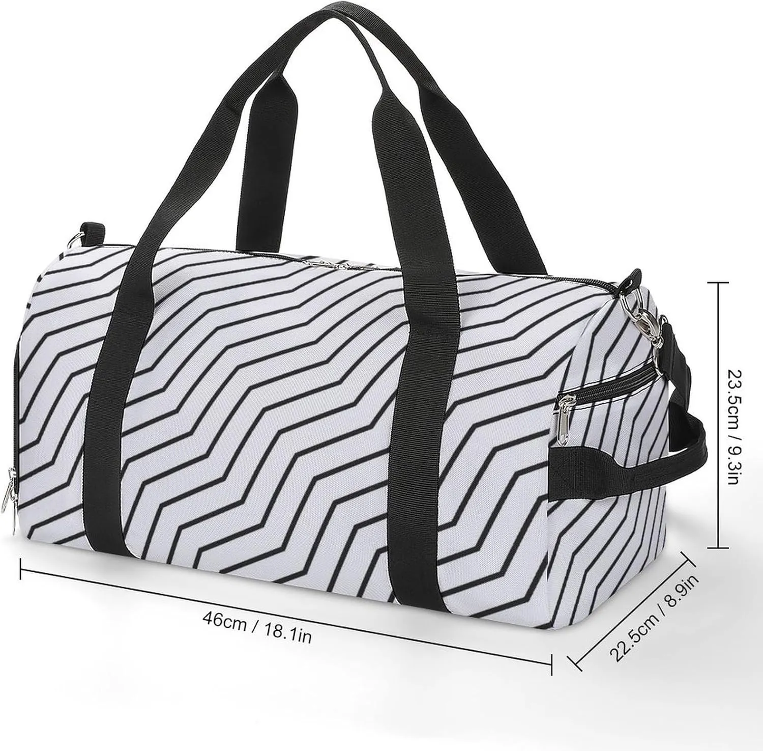 Black And White Waves Zigzag Lined Fitness Large Gym Bag for Unisex with Shoe Compartment & Wet Pocket