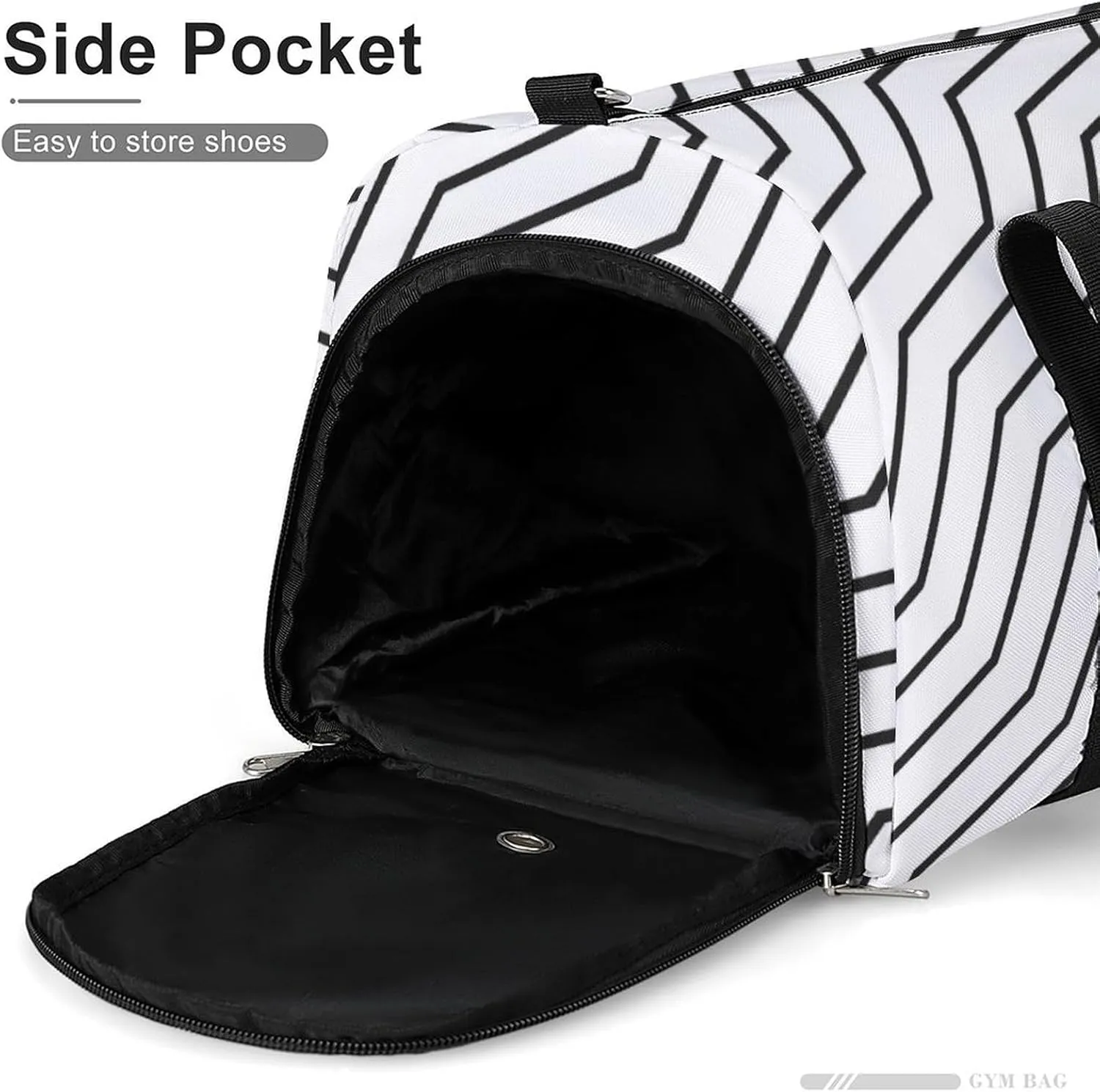 Black And White Waves Zigzag Lined Fitness Large Gym Bag for Unisex with Shoe Compartment & Wet Pocket