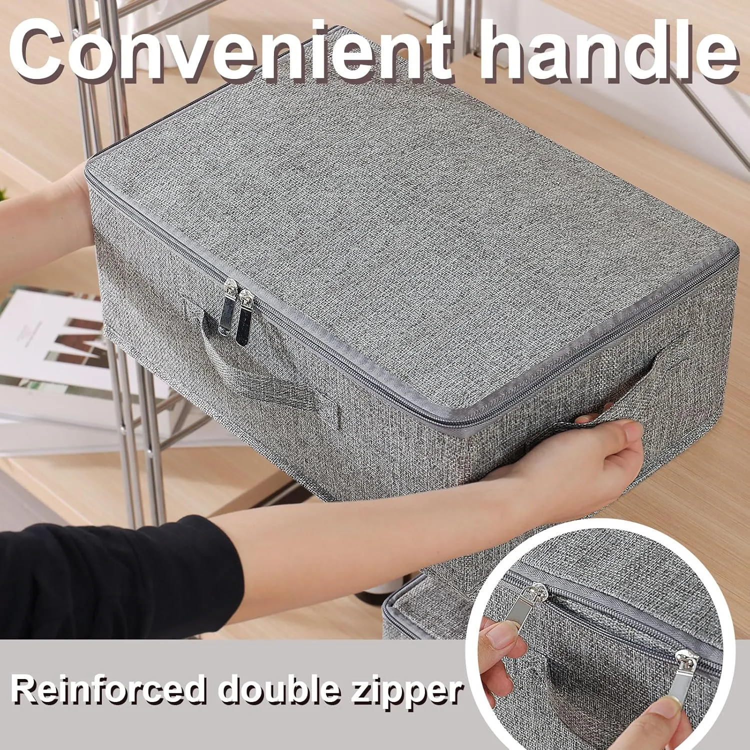 Blanket Bags with Lid, Foldable Underbed Storage Bins, Home Basket Container for Organizing Clothes, Shoes, Pillows, 14.9x10.2x5.9Inches, Grey, 2 Pack